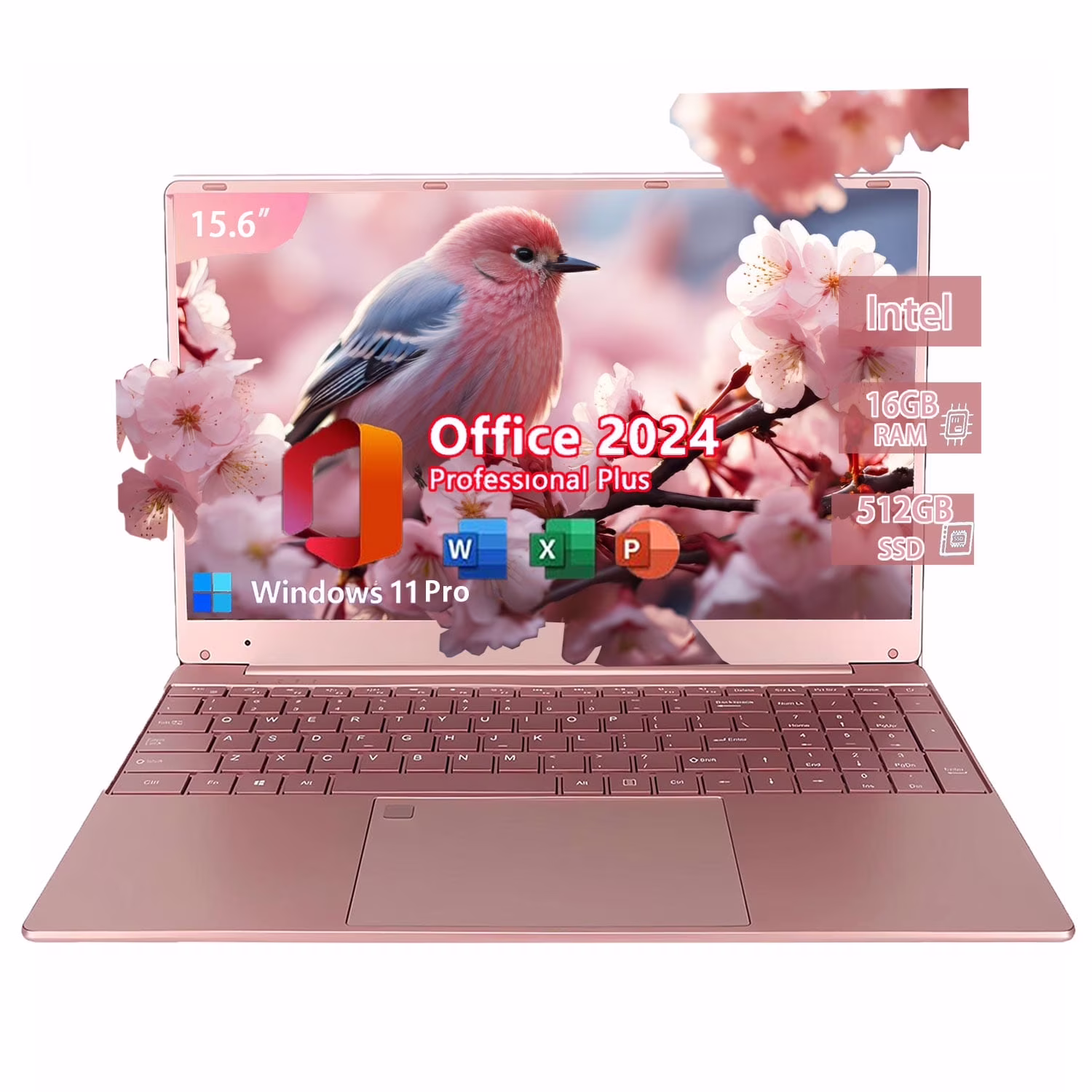 15.6" Windonws 11 Pro Business Laptop Office 2024 16GB RAM 512GB SSD Backlit Keyboard fingerprint Intel Celeron N5095 Work Laptop Back to School Essentials for Students Rose Gold