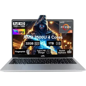 15.6"FHD-Business-Laptop Windows 11 AMD R5 3500U Processor Backlit Keyboard Fast Charging Fingerprint 16GB RAM 1TB SSD Stylish Practical Laptop for Work Study Life 1 Years Warranty Silvery