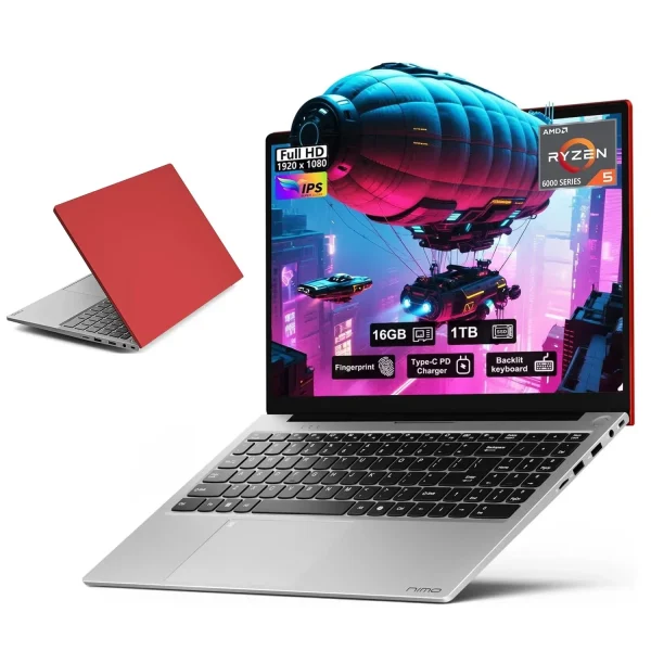 15.6'' FHD IPS Business Laptop Computer, AMD Ryzen 5 6600H(Beat R7 5700U, 6 Cores Up to 4.5GHz), 16GB DDR5 RAM 1TB SSD, Type-C 100W PD Fast Charger, Fingerprint Backlit Keyboard Wi-Fi 6 Red
