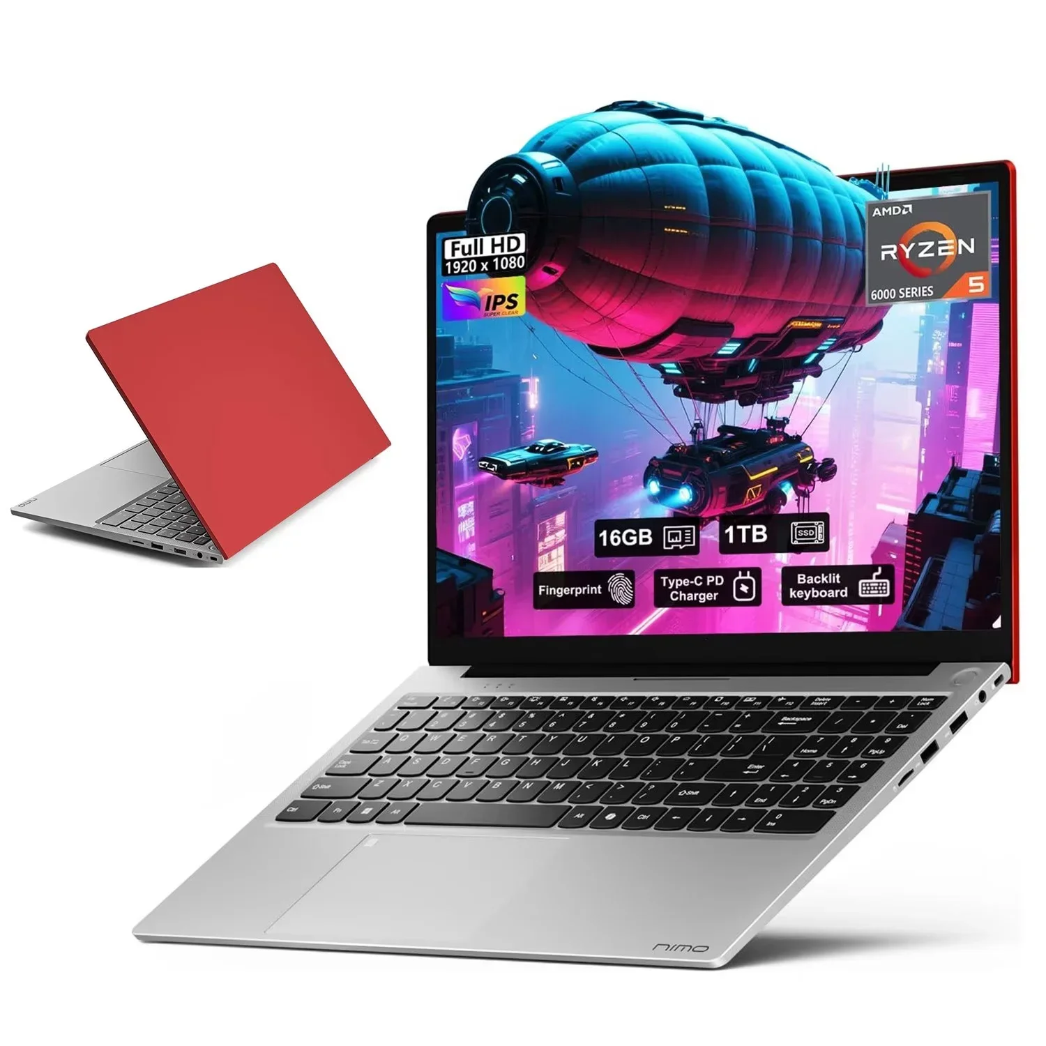 15.6'' FHD IPS Business Laptop Computer, AMD Ryzen 5 6600H(Beat R7 5700U, 6 Cores Up to 4.5GHz), 16GB DDR5 RAM 1TB SSD, Type-C 100W PD Fast Charger, Fingerprint Backlit Keyboard Wi-Fi 6 Red