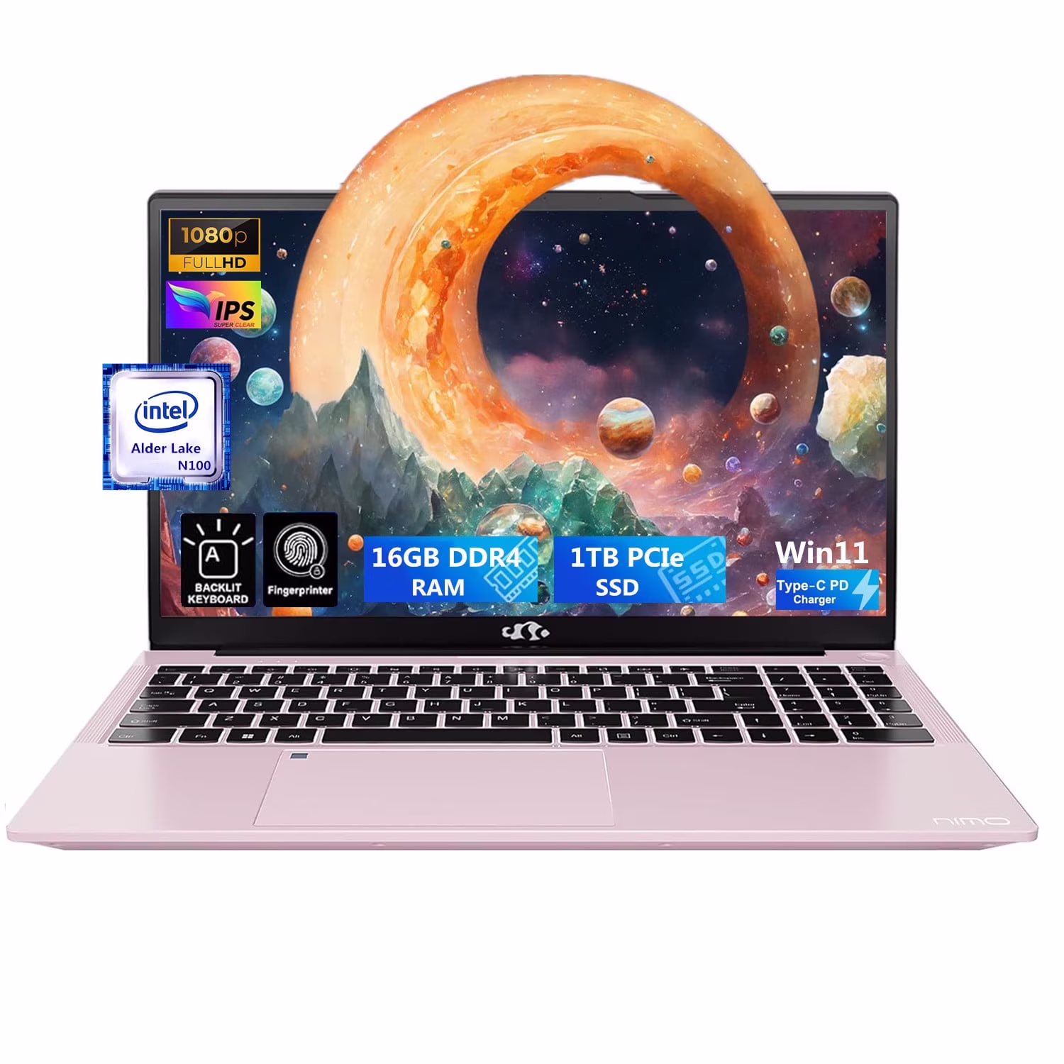 15.6'' FHD Laptop Computer, Type-C 65W PD Fast Charger, 12th Gen Intel N100, Windows 11, 16GB RAM 1TB SSD, WiFi 6 (RoseGold)