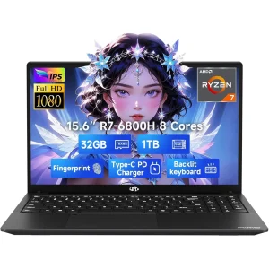 15.6" IPS FHD 2025 Gaming Laptop 8 Cores AMD Ryzen 7 6800H(Beat Intel i7-12700H, Up to 4.7GHz) 32GB DDR5 RAM 1TB SSD AMD Radeon 680M GPU-Computer 100W Type-C Backlit Keyboard Fingerprint Black