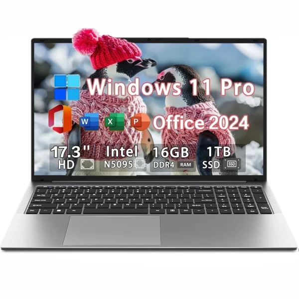 2 17.3" Business Laptop Windows 11 Pro Office 2024 Conference camera Type-C interface Backlit Keyboard Intel N5095 16GB RAM 1TB SSD Support Fingerprint BT 5.0
