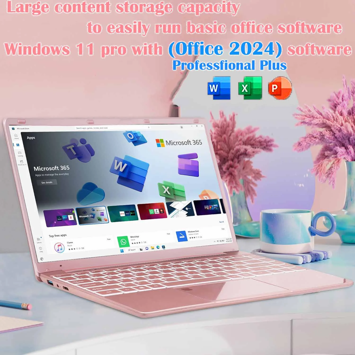 15.6" Business Laptop, Office 2024,Windows 11 Pro, 2.9 GHz Intel Celeron N5095, 16GB RAM 1TB SSD, Ultra-Thin and Lightweight student Computer, Backlit Keyboard, WiFi 5, BT 5.0(Pink) - Image 2