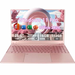 15.6 Pink Laptop, Windows 11 Pro, Office 2024 Intel Celeron ADL-N5095, 16GB RAM, 512GB SSD, Ultra-Thin and Lightweight student Notebook PC Computer for Work, Backlit Keyboard, WiFi 5, BT 5.0
