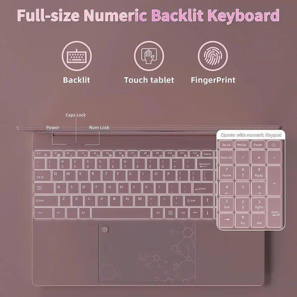15.6" FHD Windows 11 Pro Pink Laptop Computer Office 2024 Meeting camera Backlit Keyboard Intel N5095 16GB RAM 512GB SSD Lightweight Business student Notebook PC Computer for Work WiFi5 BT 5.0 - Image 3