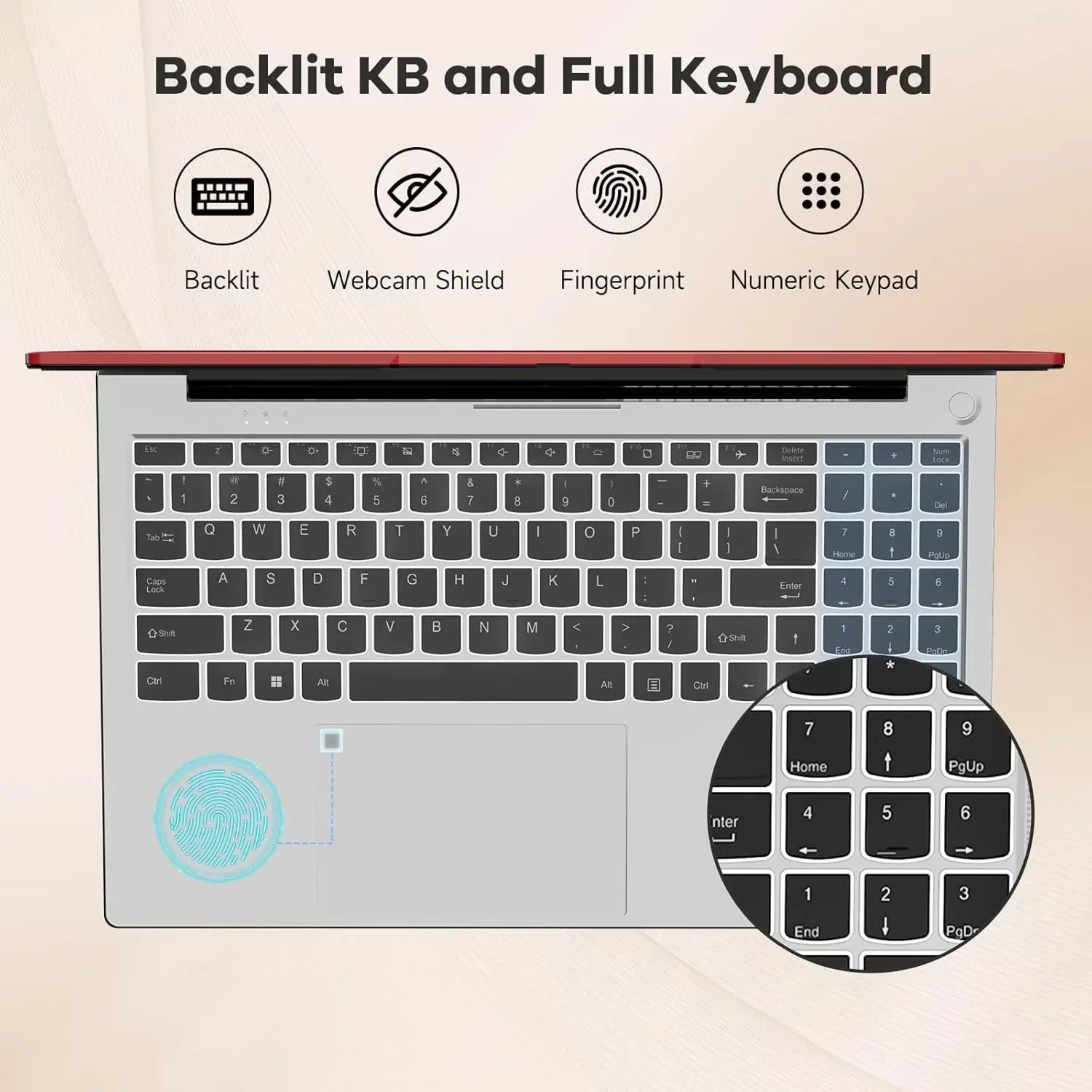 15.6'' FHD IPS Business Laptop Computer, AMD Ryzen 5 6600H(Beat R7 5700U, 6 Cores Up to 4.5GHz), 16GB DDR5 RAM 1TB SSD, Type-C 100W PD Fast Charger, Fingerprint Backlit Keyboard Wi-Fi 6 Red - Image 3