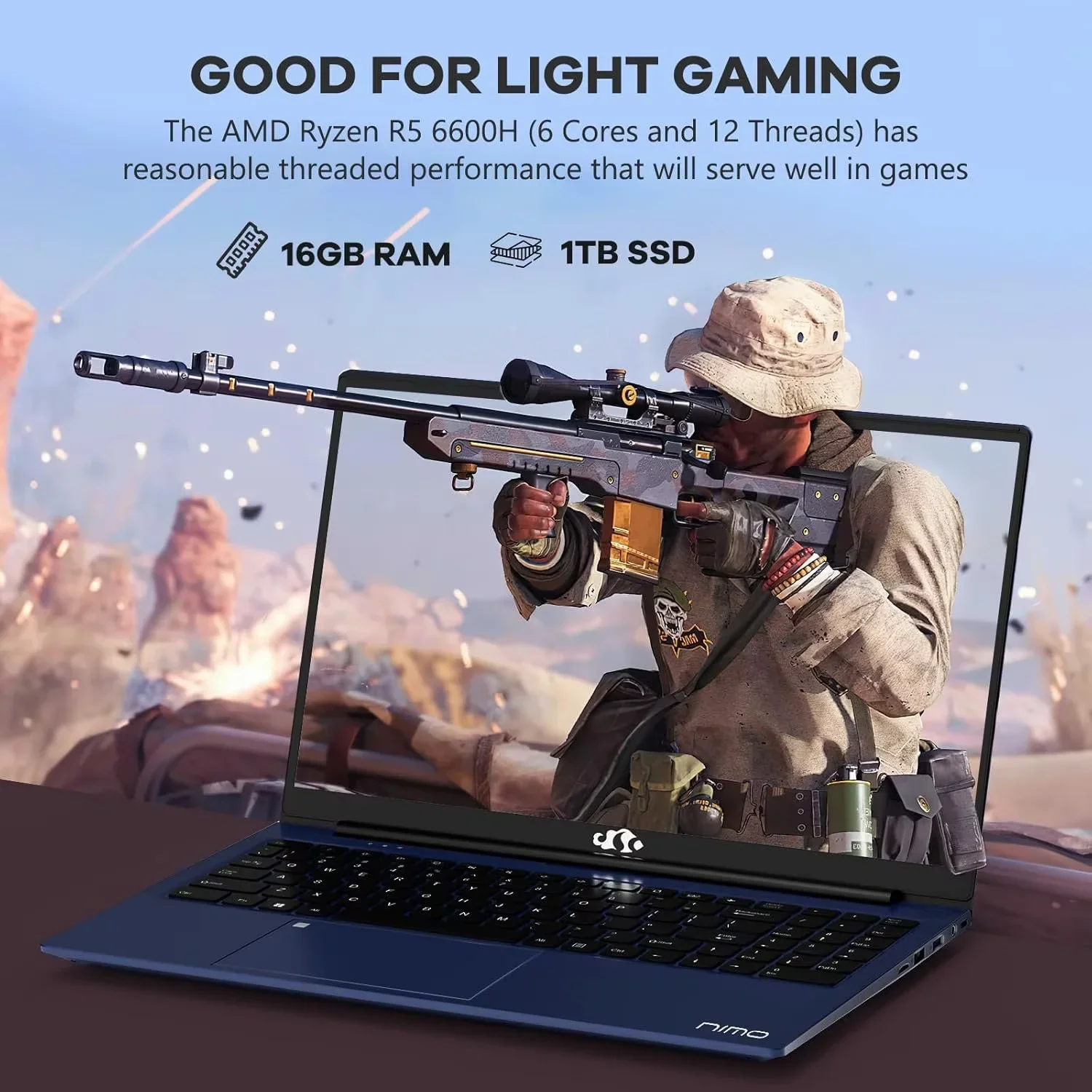 15.6'' FHD IPS Business Laptop Computer, AMD Ryzen 5 6600H(Beat R7 5700U, 6 Cores Up to 4.5GHz), 16GB DDR5 RAM 1TB SSD, Type-C 100W PD Fast Charger, Fingerprint Backlit Keyboard Wi-Fi 6 Blue - Image 3