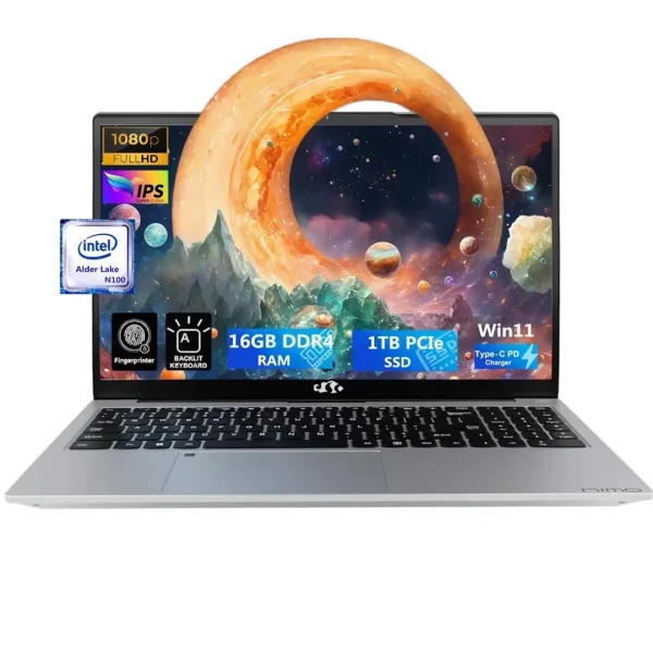 15.6'' FHD Laptop Computer, Type-C 65W PD Fast Charger, 12th Gen Intel N100, Windows 11, 16GB RAM 1TB SSD, WiFi 6 (Silver)