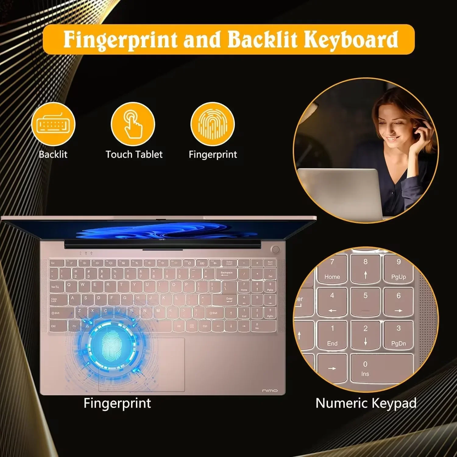 15.6 High-Performance Laptop, 3.4 GHz Intel N100 Processor, 8GB RAM, 512GB SSD, Windows 11, Lightweight student Notebook PC Computer for Work, Backlit Keyboard, Fingerprint, WiFi 6 (RoseGold) - Image 4