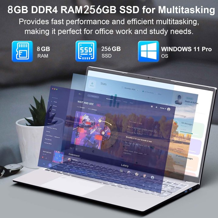 ESOOR 17.3 inch Business Laptop Computer: Office 2024, Webcam, Intel Quad-Core N5095, 8GB RAM, 256GB SSD, Backlit Keyboard, Wi-Fi, Fingerprint , Type-C, Windows 11 - Image 4