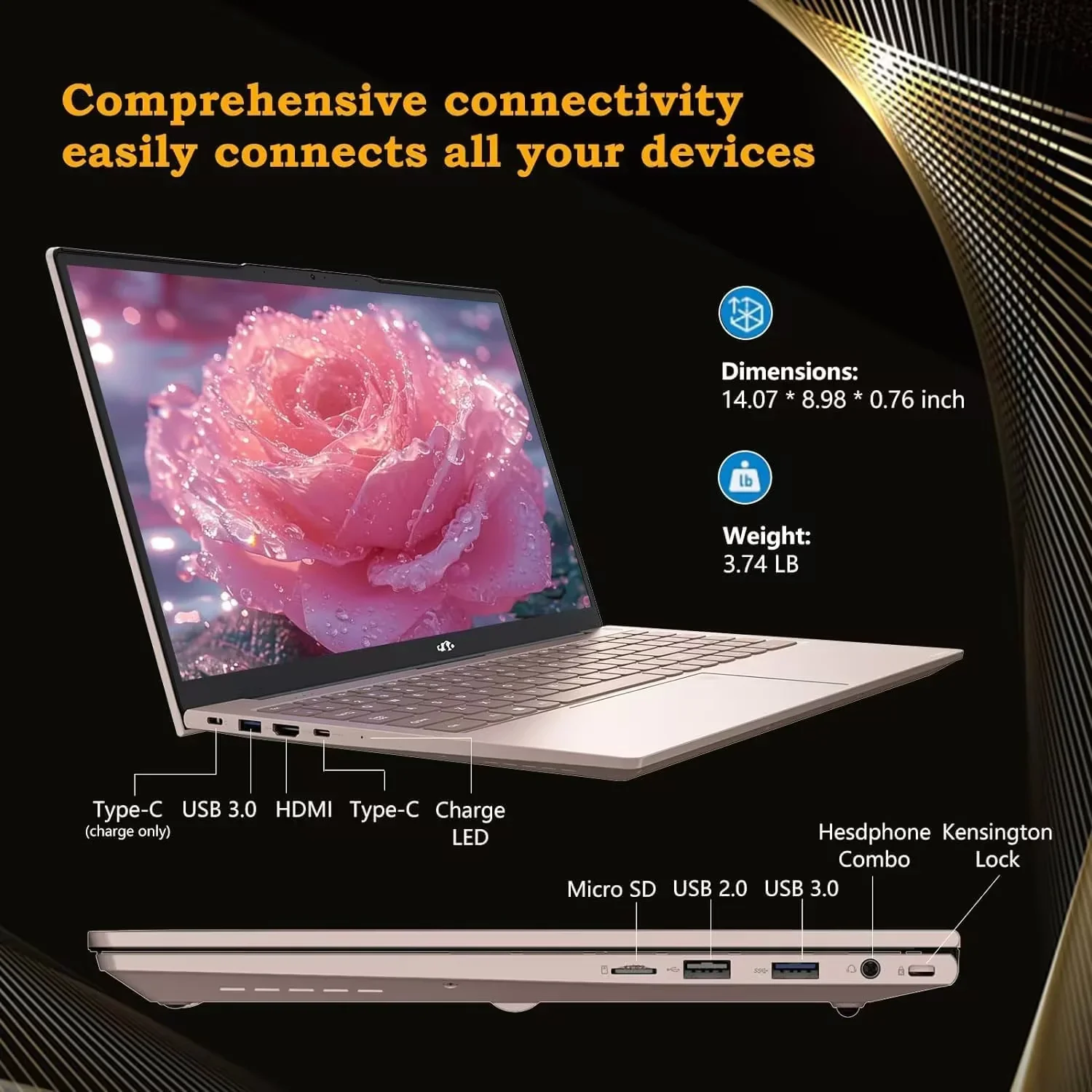 15.6 High-Performance Laptop, 3.4 GHz Intel N100 Processor, 8GB RAM, 512GB SSD, Windows 11, Lightweight student Notebook PC Computer for Work, Backlit Keyboard, Fingerprint, WiFi 6 (RoseGold) - Image 5