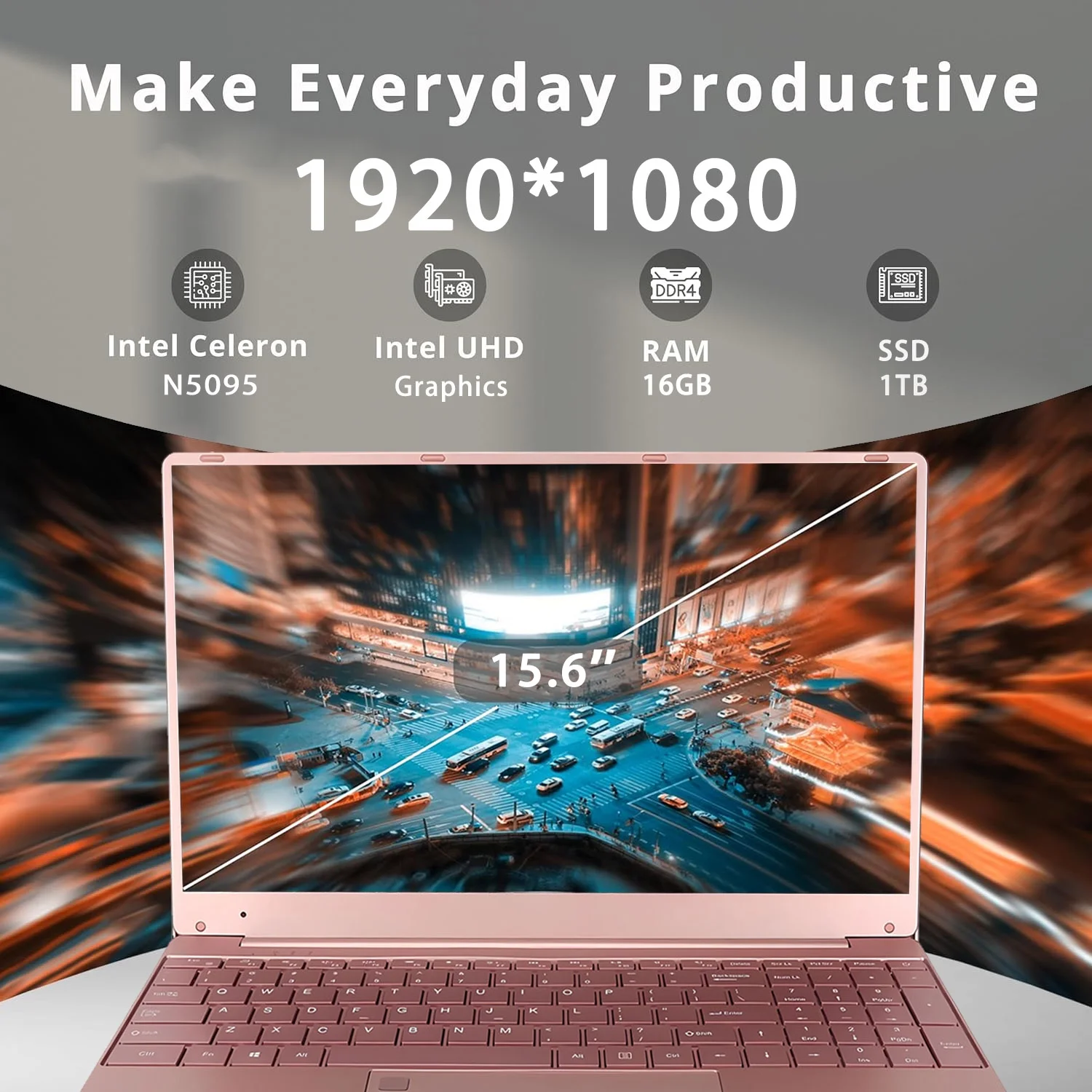 15.6 Pink Laptop, Windows 11 Pro, Office 2024 Intel Celeron ADL-N5095, 16GB RAM, 512GB SSD, Ultra-Thin and Lightweight student Notebook PC Computer for Work, Backlit Keyboard, WiFi 5, BT 5.0 - Image 4