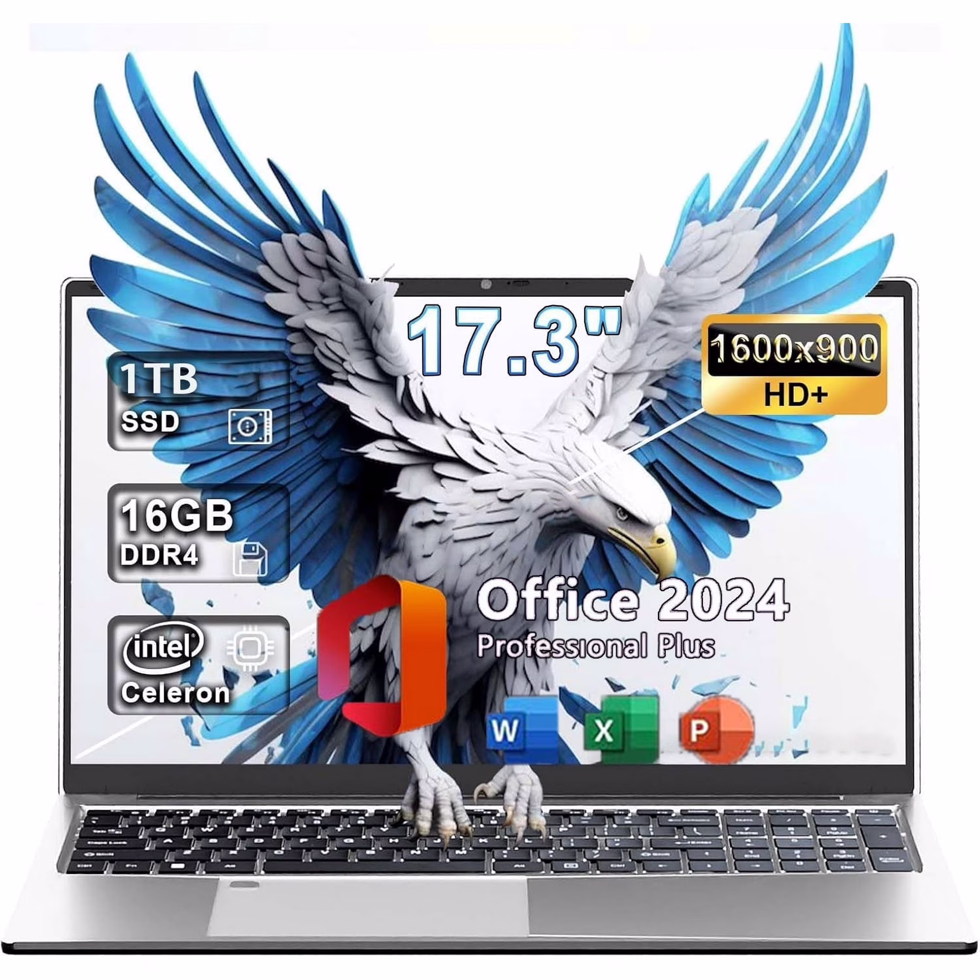 ESOOR 17.3 inch Business Laptop Computer: Office 2024, Webcam, Intel Quad-Core N5095, 16GB RAM, 1TB SSD, Backlit Keyboard, Wi-Fi, Fingerprint , Type-C, Windows 11