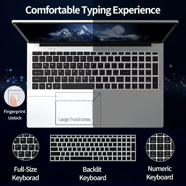 17.3" Business Laptop Windows 11 Pro Office 2024 Conference camera Type-C interface Backlit Keyboard Intel N5095 16GB RAM 1TB SSD Support Fingerprint BT 5.0 - Image 8