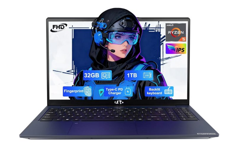15.6" FHD-Business-Laptop, 32GB RAM 1TB SSD AMD Ryzen 5(Beat i3-1215U, 4 Cores Up to 3.7GHz) 65W Type-C Fingerprint Backlit Keyboard IPS-Computer, Wi-Fi 5 BT5.2 Numpad Win 11,Blue