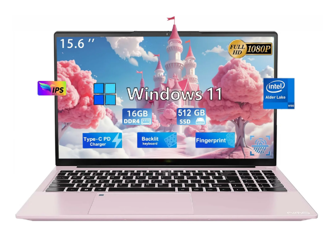 15.6" Business Laptop Computer Quad-Core Intel Celeron N100 Processors Windows 11 Up to 3.4GHz Type-C 65W PD Fast Charger 16GB RAM 512GB SSD 2 Years Warranty (Rose Gold)