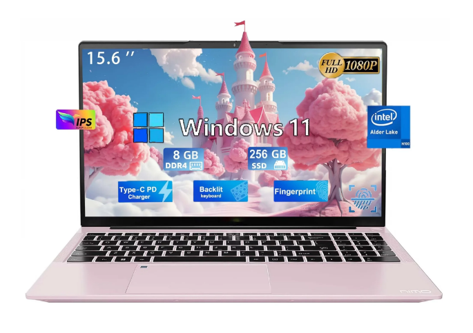 15.6" Business Laptop Computer Quad-Core Intel Celeron N100 Processors Windows 11 Up to 3.4GHz Type-C 65W PD Fast Charger 8GB RAM 256 SSD 2 Years Warranty (Rose Gold)