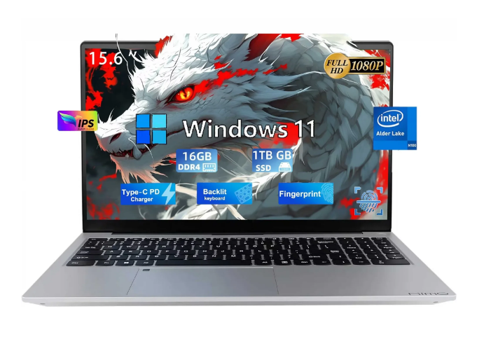 15.6" Business Laptop Computer Quad-Core Intel Celeron N100 Processors Windows 11 Up to 3.4GHz Type-C 65W PD Fast Charger 16GB RAM 1TB SSD 2 Years Warranty (Silver)