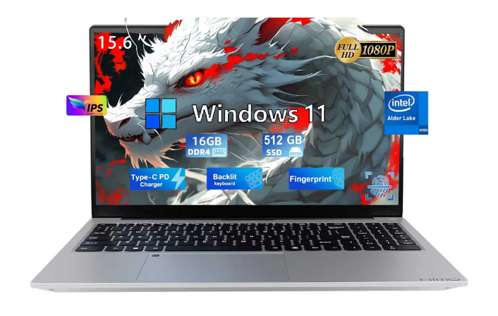 15.6" Business Laptop Computer Quad-Core Intel Celeron N100 Processors Windows 11 Up to 3.4GHz Type-C 65W PD Fast Charger 16GB RAM 512GB SSD 2 Years Warranty (Silver)
