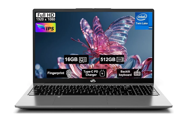 15.6" Student-Laptop, 13th Gen Intel N150,16GB RAM 512GB SSD(Beat to i3-1115G4, Up to 3.6GHz), Backlit Keyboard Fingerprint FHD Computer Wi-Fi 6 BT5.2 65W Type-C