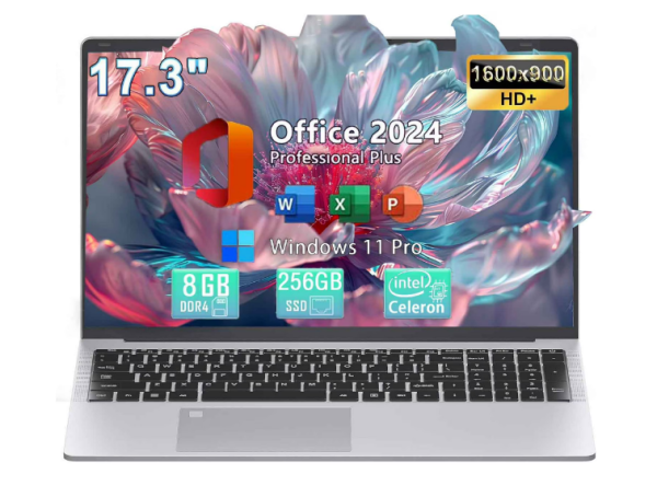 17.3" Business Laptop Computer Office 2024 Webcam Windows 11 Pro Intel Quad-Core N5095 8GB RAM 256GB SSD Backlit Keyboard Wi-Fi Fingerprint Type-C -Silver
