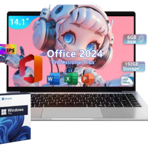 RULY 14.1" Business Laptop Computer Office 2024 Windows 11 Pro FHD IPS Display 2-2.5 GHz Intel Celeron N3060 CPU DDR4 6GB RAM 192GB Storage MicroSD for Work (Silver)