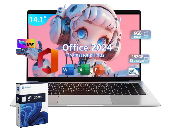 RULY 14.1" Business Laptop Computer Office 2024 Windows 11 Pro FHD IPS Display 2-2.5 GHz Intel Celeron N3060 CPU DDR4 6GB RAM 192GB Storage MicroSD for Work (Silver)