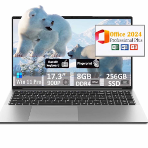 17.3" Ultra-thin Laptop Business Laptop Computer Office 2024 Windows 11 Pro Conference camera 8GB RAM 256GB SSD Intel N5095 Backlit Keyboard Type-C Fingerprint BT 5.0