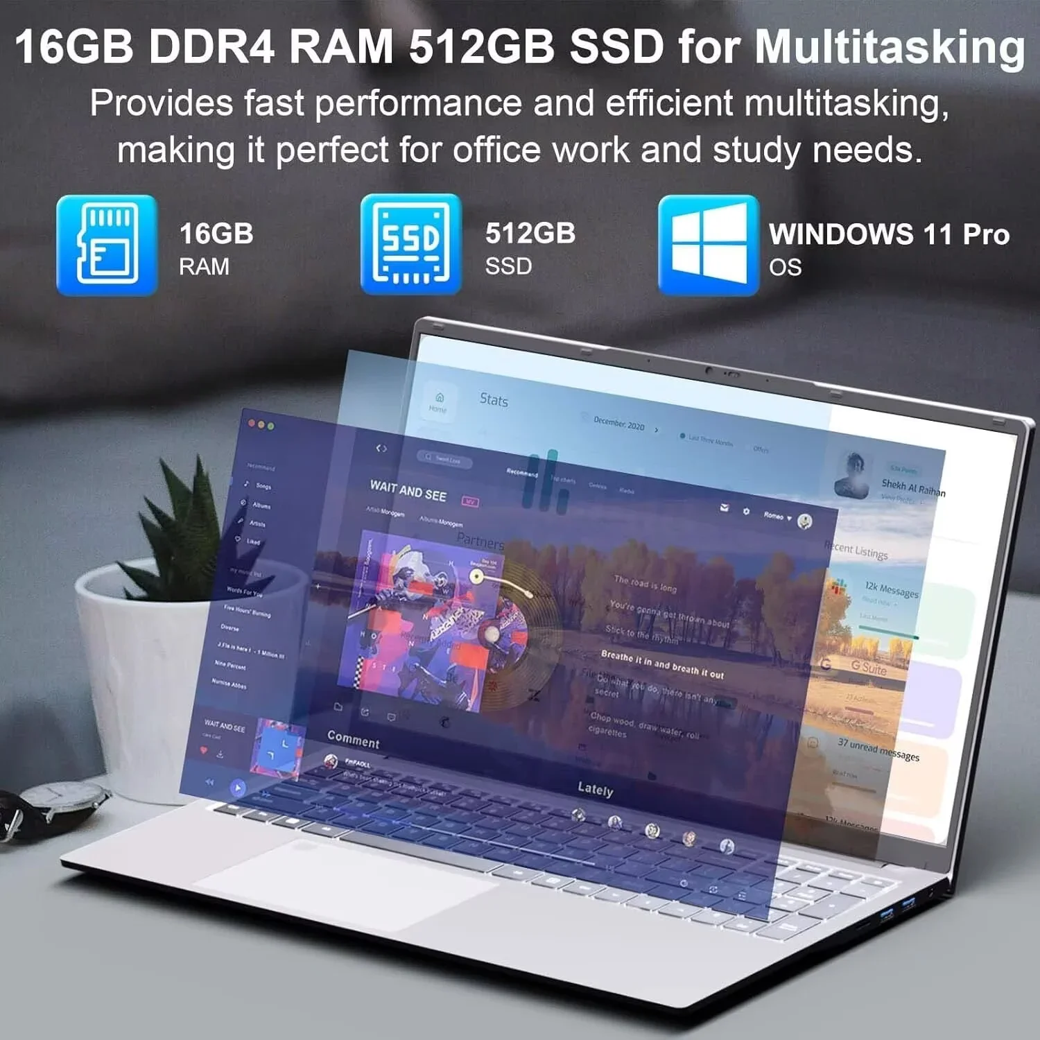 17.3" Ultra-thin Laptop Business Laptop Computer Office 2024 Windows 11 Pro Conference camera 8GB RAM 256GB SSD Intel N5095 Backlit Keyboard Type-C Fingerprint BT 5.0 - Image 3