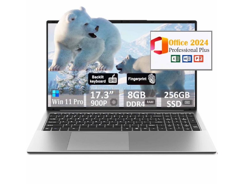 17.3" Ultra-thin Laptop Business Laptop Computer Office 2024 Windows 11 Pro Conference camera 8GB RAM 256GB SSD Intel N5095 Backlit Keyboard Type-C Fingerprint BT 5.0
