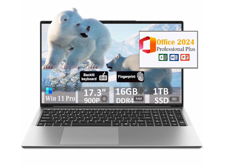17.3" Ultra-thin Laptop Business Laptop Computer Office 2024 Windows 11 Pro Conference camera 16GB RAM 1TB SSD Intel N5095 Backlit Keyboard Type-C Fingerprint BT 5.0