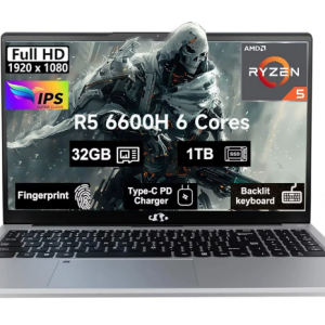 15.6" Business-gaming-Laptop 6-Cores AMD Ryzen 5 6600H 660M 6nm GPU 32GB DDR5 1TB SSD(up to 4.5GHz) Windows11 100W Type-C FHD IPS Laptop-Computer with Fingerprint Backlit Keyboard WiFi5