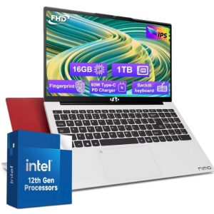 15.6'' FHD IPS High Performance Laptop, 16GB RAM 1TB SSD, Type-C 65W PD Fast Charger, Intel Pentium Quad-Core N100 Processor, Win 11 Fingerprint Backlit Keyboard Wi-Fi 6 Red