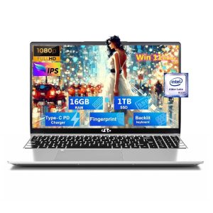 15.6'' FHD Laptop Computer, 16GB RAM 1TB SSD, Type-C 65W PD Fast Charger, Windows 11, 12th Gen Intel N100 Processor, Fingerprint, WiFi 6 (Silver)